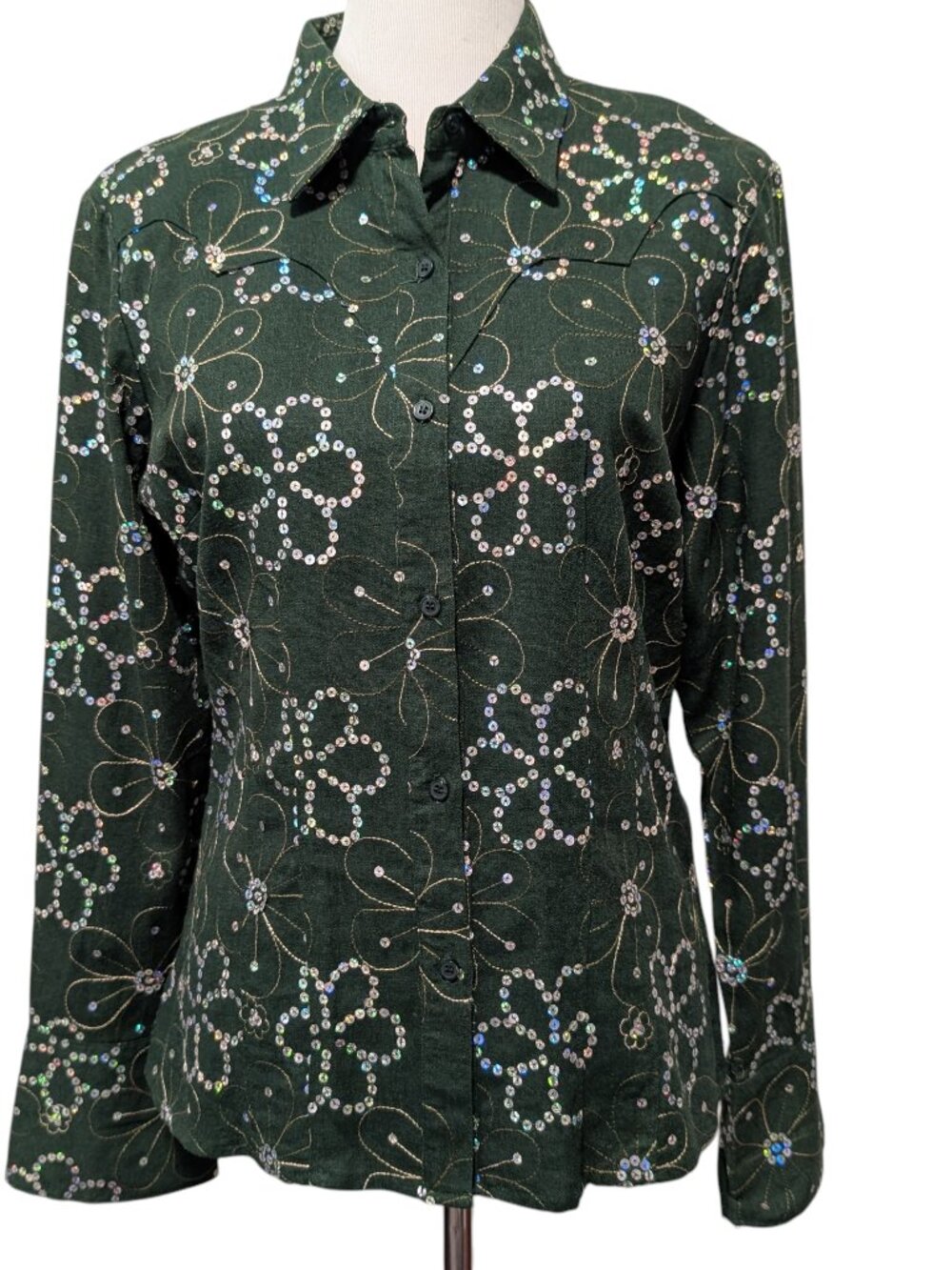 Roper Womens Size M Green Floral Sequins Button Front Long Sleeve Western Top